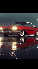 Wet night portrait of red 1950s coupe with reflective chrome trim.