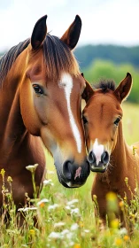 Brown mare and foal standing close in summer meadow.