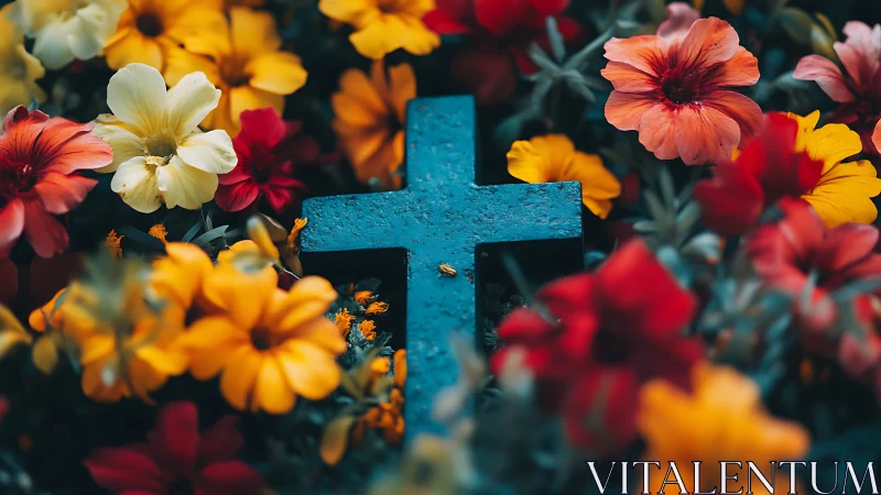 Blue cross stands centered among dense colorful flowers