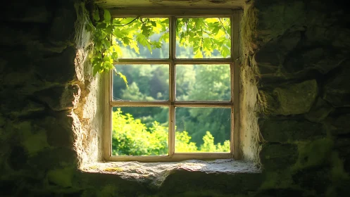 Rustic stone window with leafy vines and sunlit forest view.