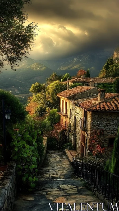 Stone hillside houses along narrow path under dense clouds.