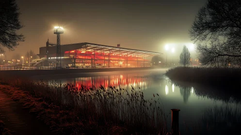 Fog-diffused riverside arena with red-luminous curtain walls.