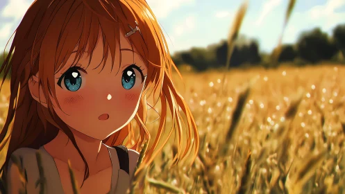 Sunlit daydream catches a wide eyed girl in golden wheat