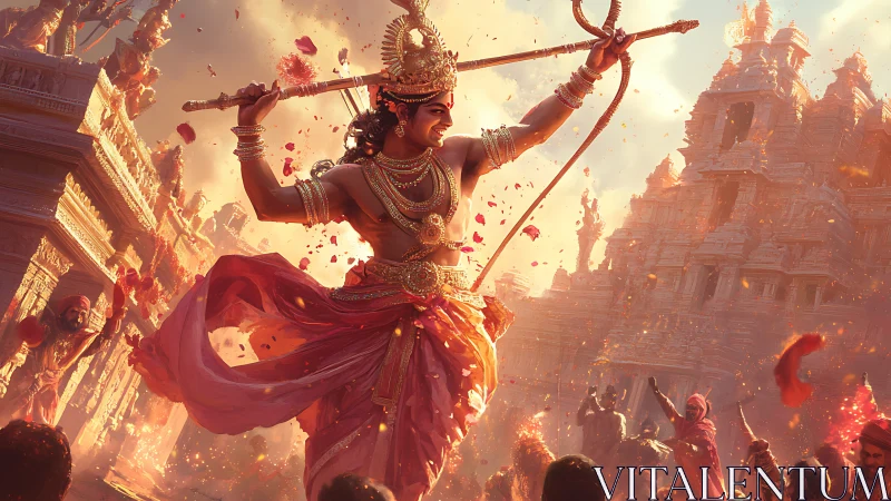 Sunlit warrior-god whirls flaming arrows through temple skies