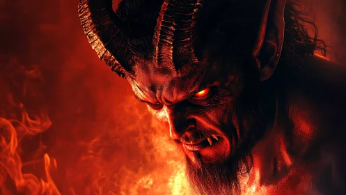 Horned demonic humanoid rendered in red firelit environment.