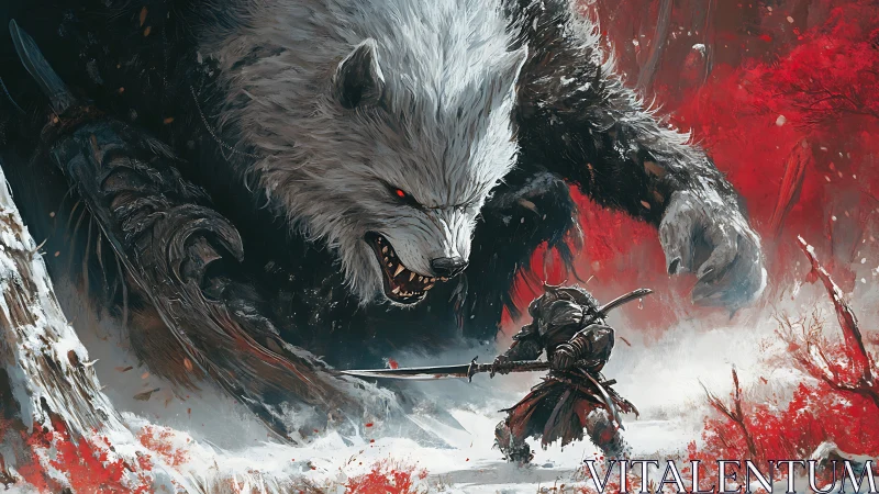 Armored warrior confronts colossal white wolf in crimson snow