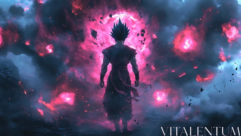 Energy-charged warrior silhouette amid cosmic firestorm.