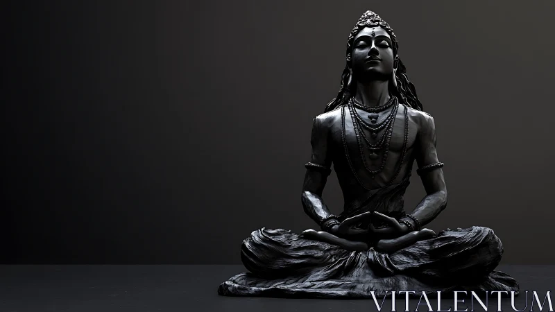Dark metallic statue of meditating deity in lotus pose.