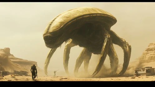 Colossal alien creature confronts soldiers on desert world.