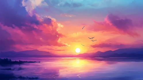 Sunset over calm water with distant mountains and birds.