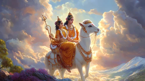 Two divine figures on white bull in luminous clouded sky.