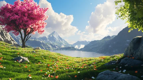Blooming pink tree overlooks tranquil alpine mountain lake