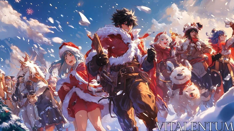 Group of costumed figures proceeds through snowy outdoor scene