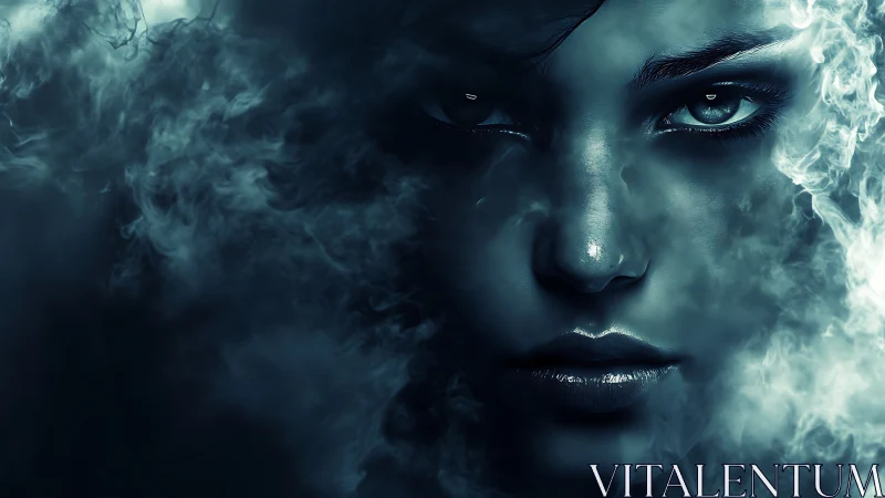 Ethereal female face emerges through swirling teal smoke.