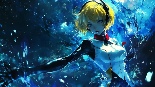 Blonde anime cyborg girl in dynamic blue energy field.