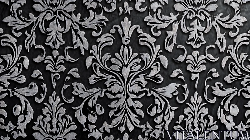 Ornate silver damask pattern shimmers over deep charcoal background