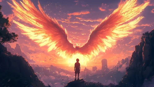 Silhouetted child with blazing angelic wings at sunrise sky.