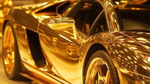 Gold supercar body reflects showroom lights dramatically