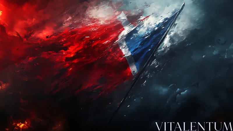 Storm-torn tricolor flag cleaves through fire and shadow skies.