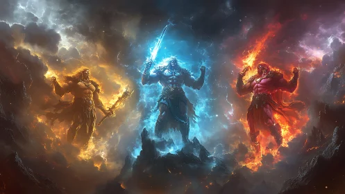 Elemental warrior trio glowing with fire, storm, and lightning.