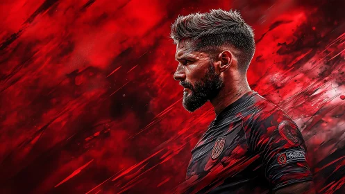 Intense football player profile against red abstract storm.