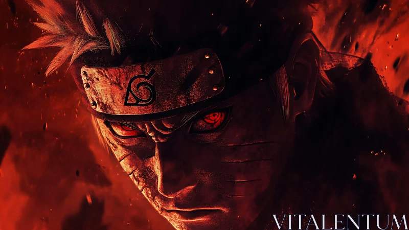 Fiery ninja gaze framed by swirling shadows and embers.