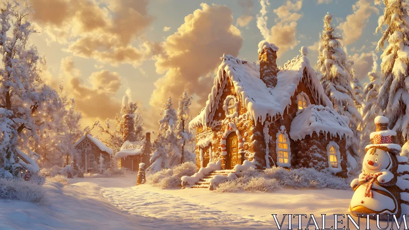Gingerbread cottage glows while snowdrifts hush the forest path