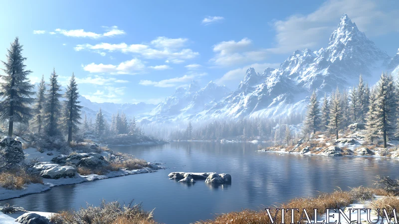 High-latitude alpine lake with frosted conifers and craggy peaks