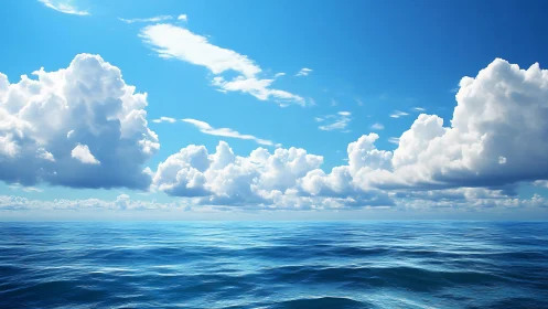 Gentle blue ocean under soft, billowing summer clouds.