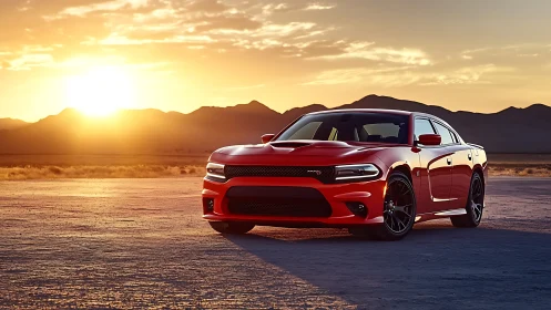 Sunset-red muscle car quietly owns the open desert horizon
