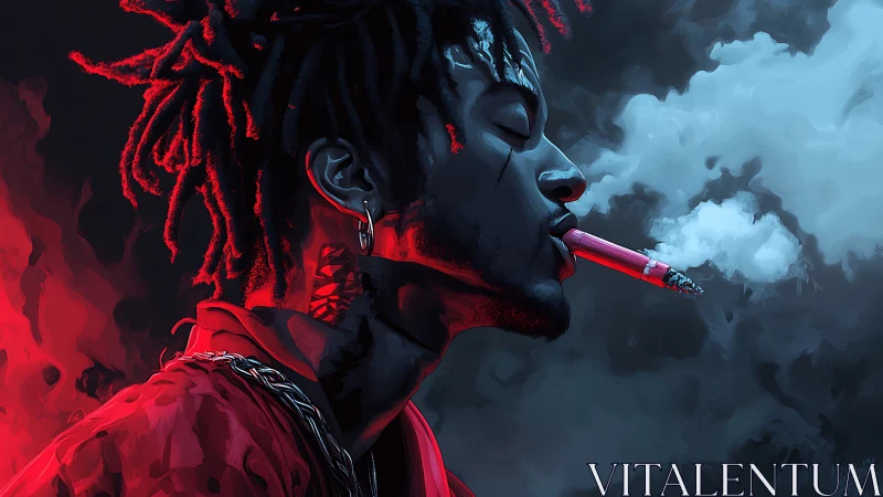 Digital portrait of man smoking in red and blue haze.