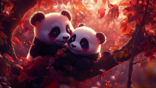 Gentle baby pandas share a tender moment in autumn light