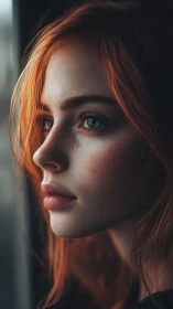 Cinematic close-up portrait of red-haired young woman profile.