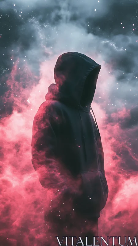 Cyberpunk hooded silhouette in neon vapor haze composition.