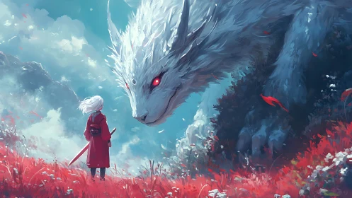 Sword-bearing wanderer confronts colossal spirit beast.