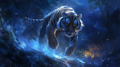 Digitally rendered tiger walking through blue lit forest.