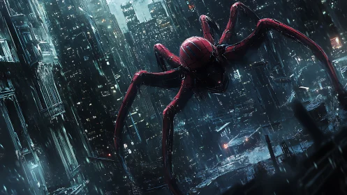 Cybernetic spider mech dominates rain-soaked dystopian cityscape.