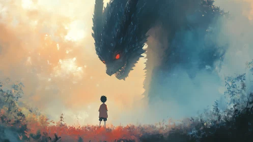 Boy confronts towering dark dragon in misty field.