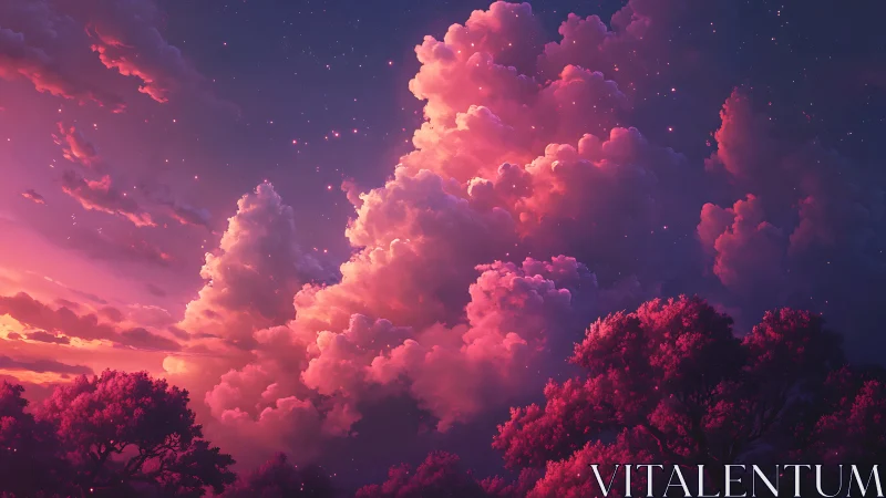 Chromatic cumulonimbus over magenta treeline at twilight.