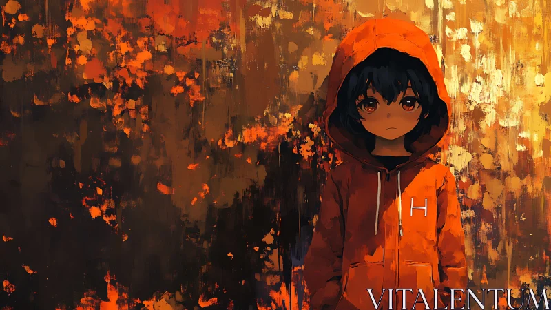 Quiet child in an orange hoodie amid glowing autumn colors.