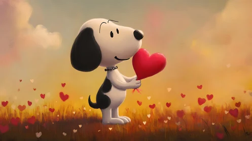 Beloved Beagle Holds Red Heart Under Golden Sky