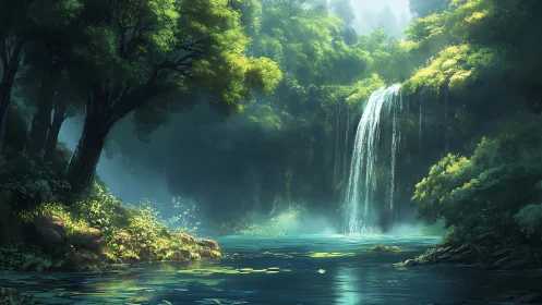 Luminescent Waterfall Cascading Through Ancient Forest Canopy.
