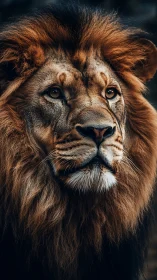 Portrait of a male lion with full mane in soft light.