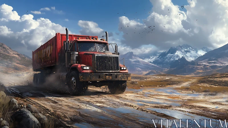 Red heavy truck powers through rugged muddy mountain road.
