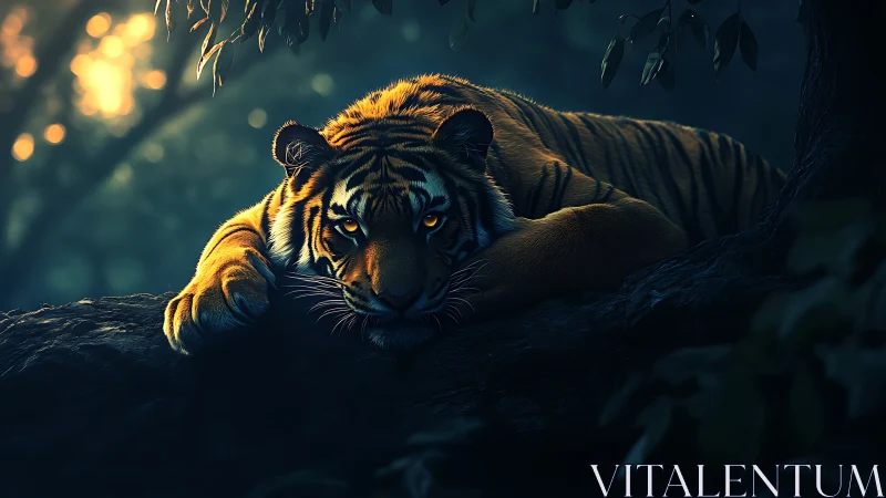 Solitary tiger resting on branch in moody forest light.