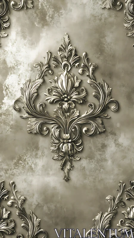 Baroque floral ornament pattern on textured metallic wall.