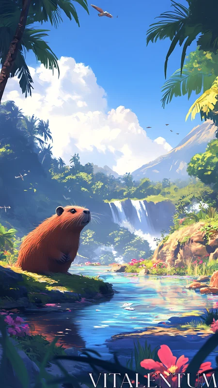 Daydreaming capybara by a glittering jungle waterfall.
