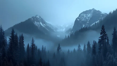 Snow-dusted conifer forest occupies misty valley below peaks
