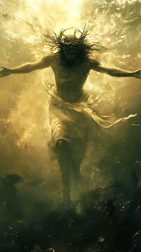 Backlit ascendant figure with luminous volumetric golden atmosphere