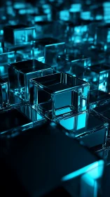 Transparent glass cubes form a blue illuminated grid